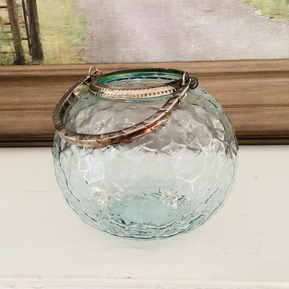 Glass Ball Lantern Metal Rim Handle Vase Terrarium Decor Blue Textured Glass